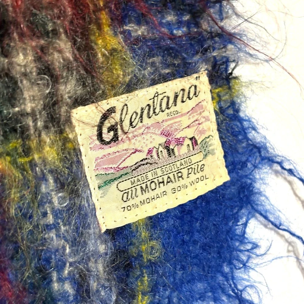 Vtg Glentana Scarf Unisex OS Blue Mohair Wool Plaid Made Scotland Fuzzy Tartan